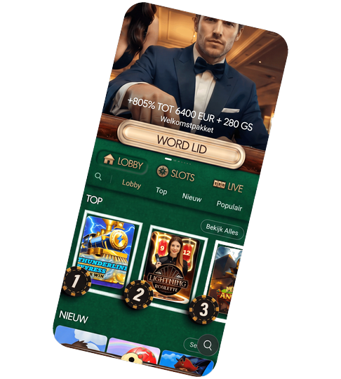 NightLuck Casino lobby met bonuspakket banner van 805 procent tot 6.400 EUR en top slot tegels